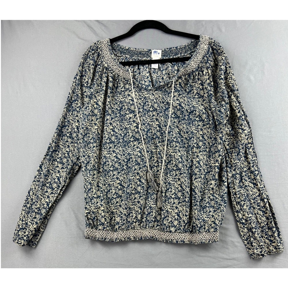 Lucky Brand John Robshaw Top Womens XL Floral Smocked Cotton Navy Blue Excellent